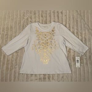 Tanjay NWT white gold filagree floral 3/4 sleeve beaded shirt, sz L